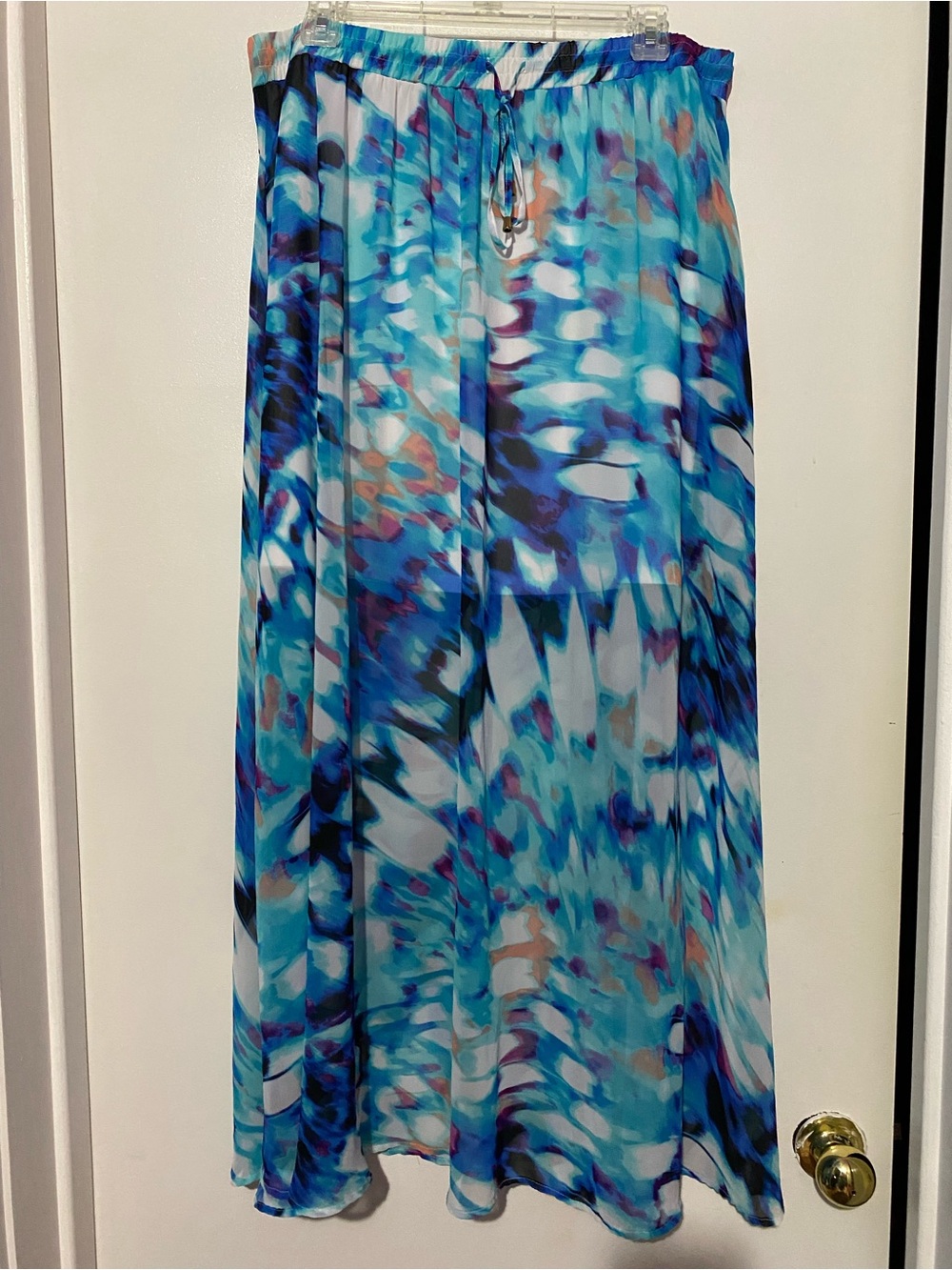 Worthington Blue Multi-Print Flowing Maxi Skirt with Teal and Navy Accents